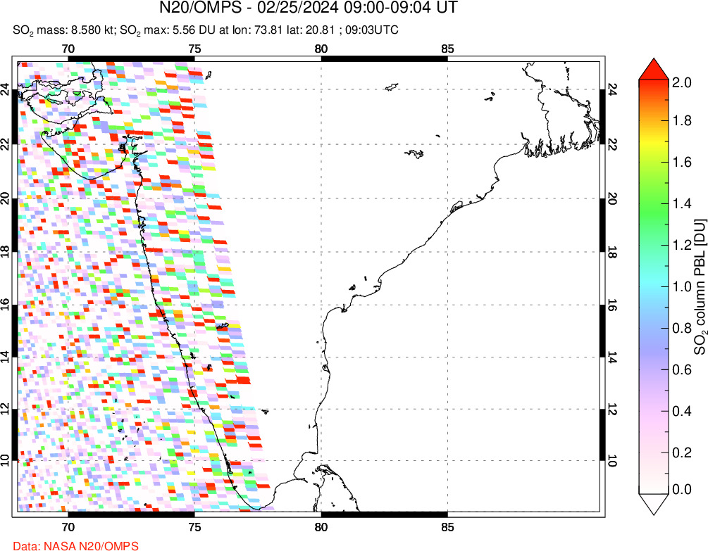 A sulfur dioxide image over India on Feb 25, 2024.