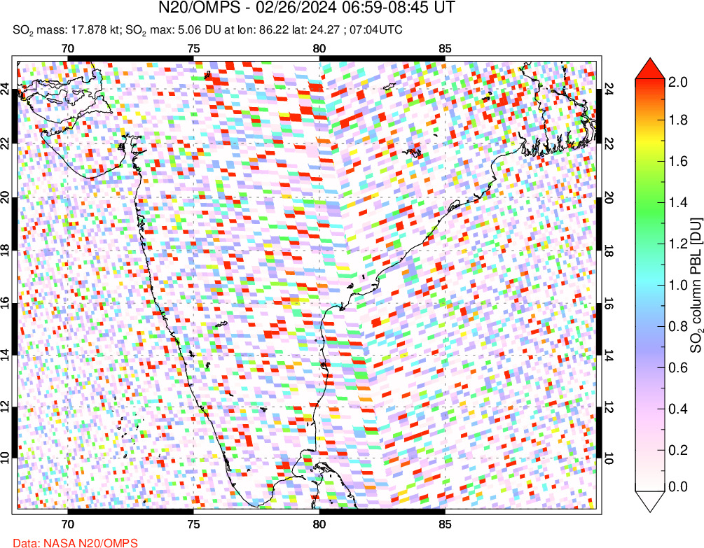 A sulfur dioxide image over India on Feb 26, 2024.