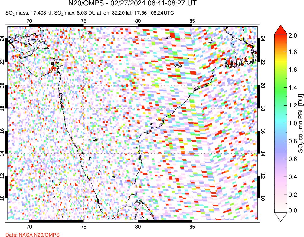 A sulfur dioxide image over India on Feb 27, 2024.