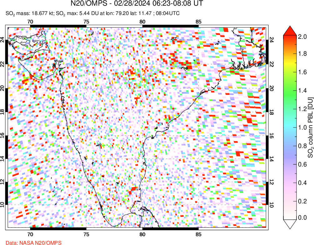 A sulfur dioxide image over India on Feb 28, 2024.