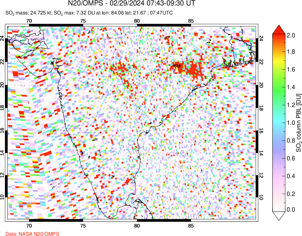 A sulfur dioxide image over India on Feb 29, 2024.