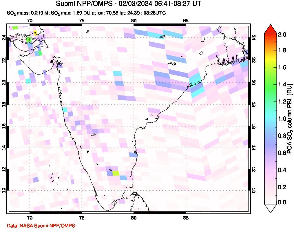 A sulfur dioxide image over India on Feb 03, 2024.