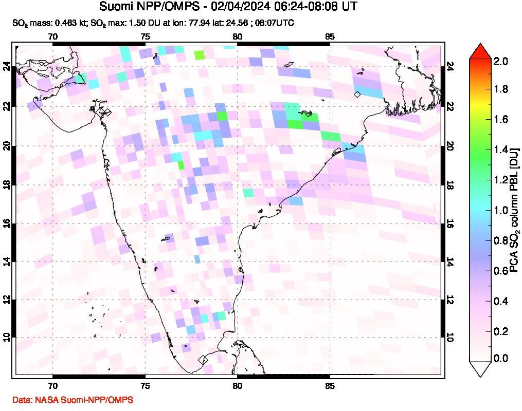 A sulfur dioxide image over India on Feb 04, 2024.