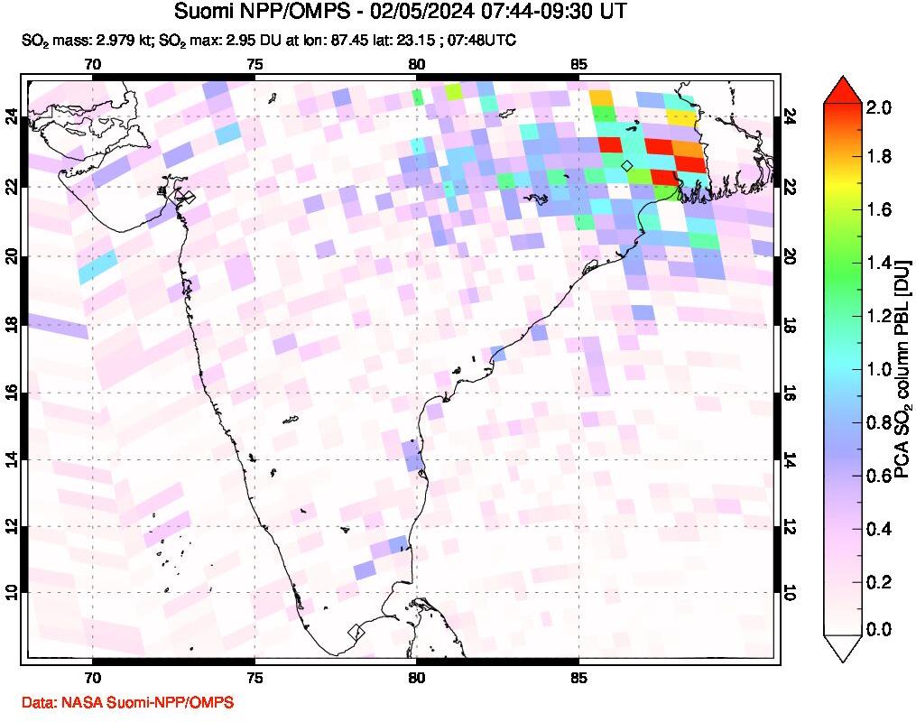 A sulfur dioxide image over India on Feb 05, 2024.