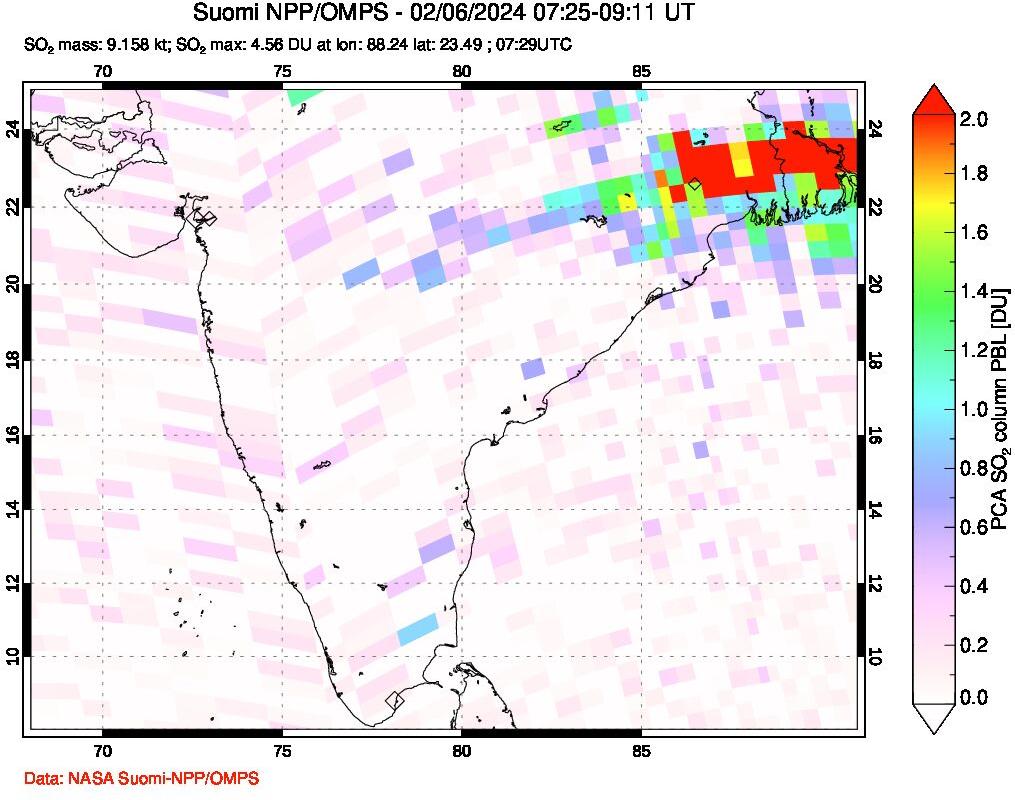 A sulfur dioxide image over India on Feb 06, 2024.