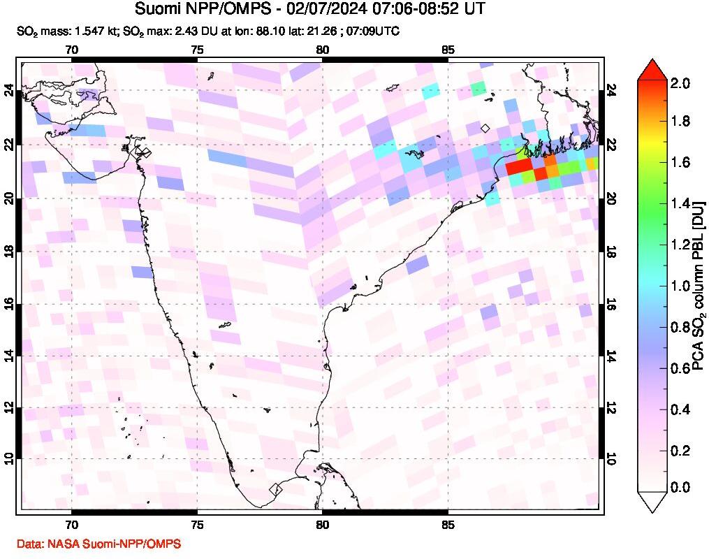 A sulfur dioxide image over India on Feb 07, 2024.