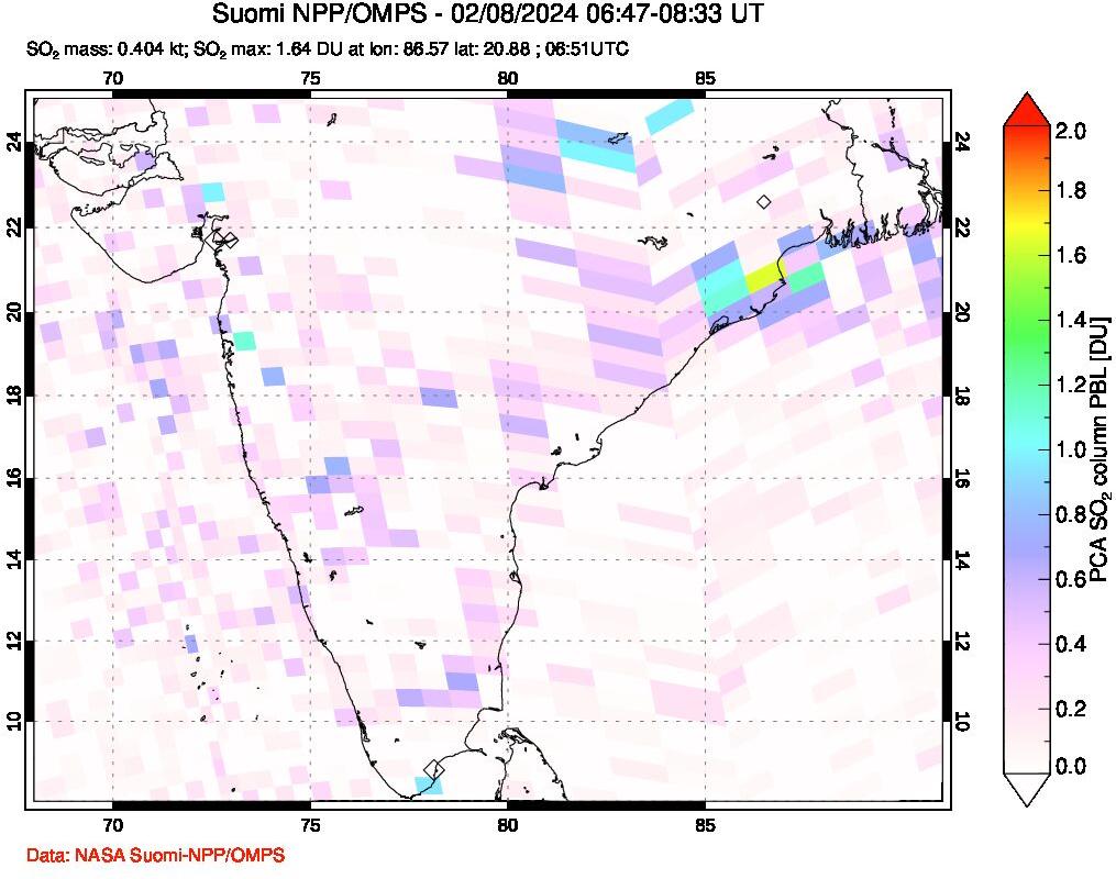 A sulfur dioxide image over India on Feb 08, 2024.