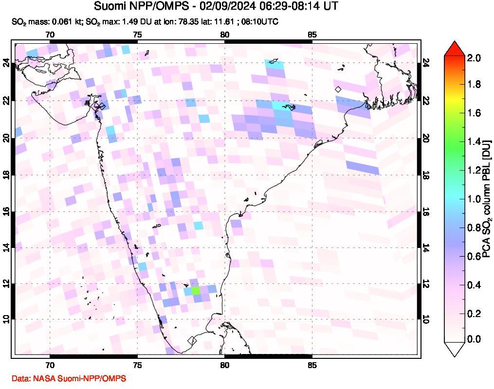 A sulfur dioxide image over India on Feb 09, 2024.