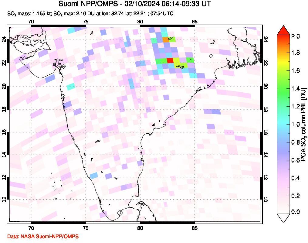 A sulfur dioxide image over India on Feb 10, 2024.