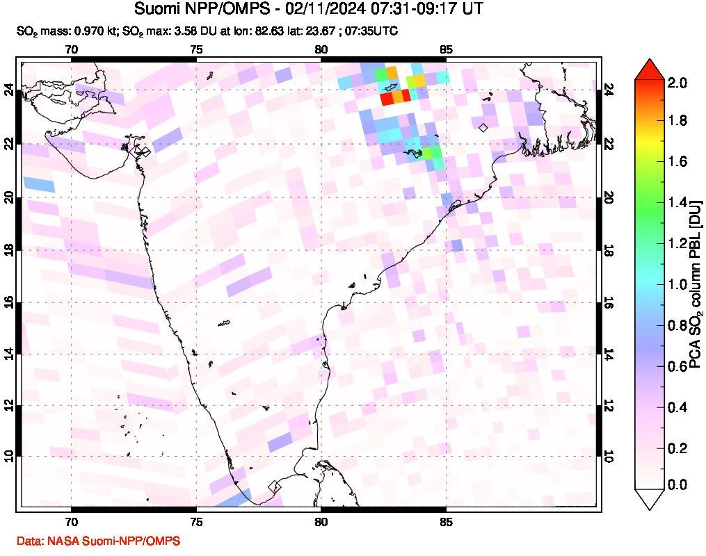 A sulfur dioxide image over India on Feb 11, 2024.