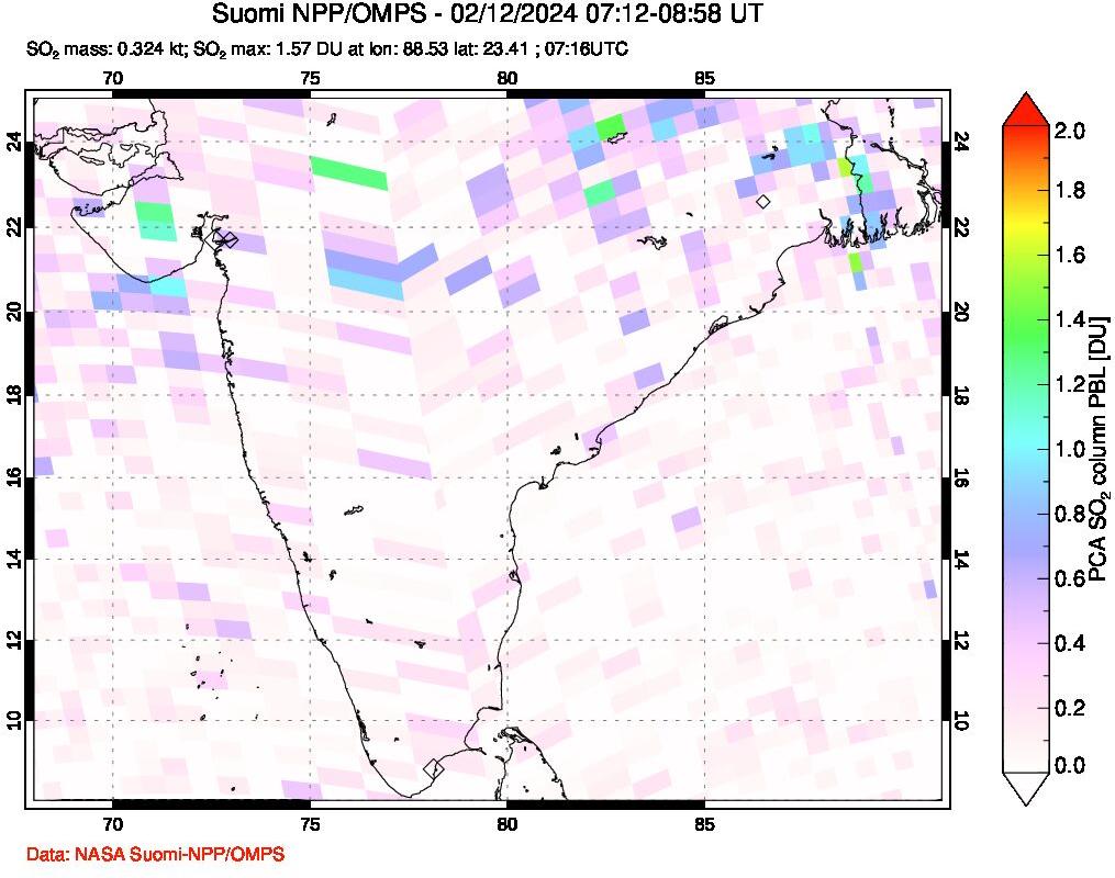 A sulfur dioxide image over India on Feb 12, 2024.