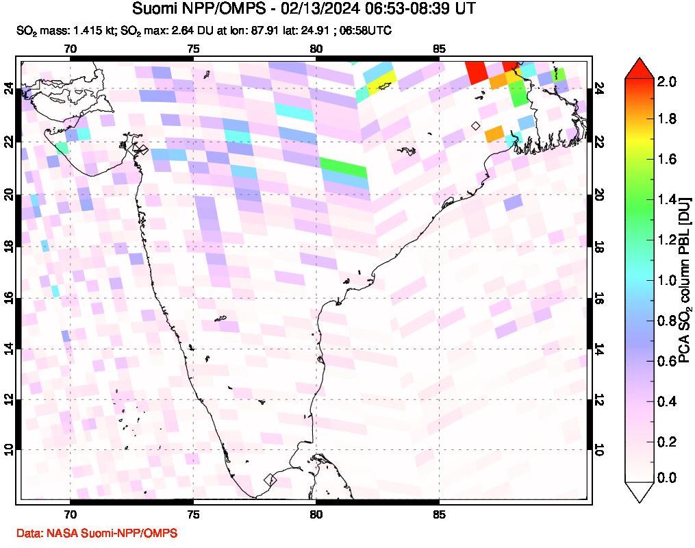 A sulfur dioxide image over India on Feb 13, 2024.