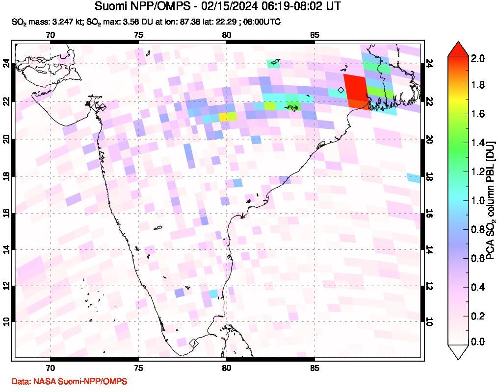 A sulfur dioxide image over India on Feb 15, 2024.