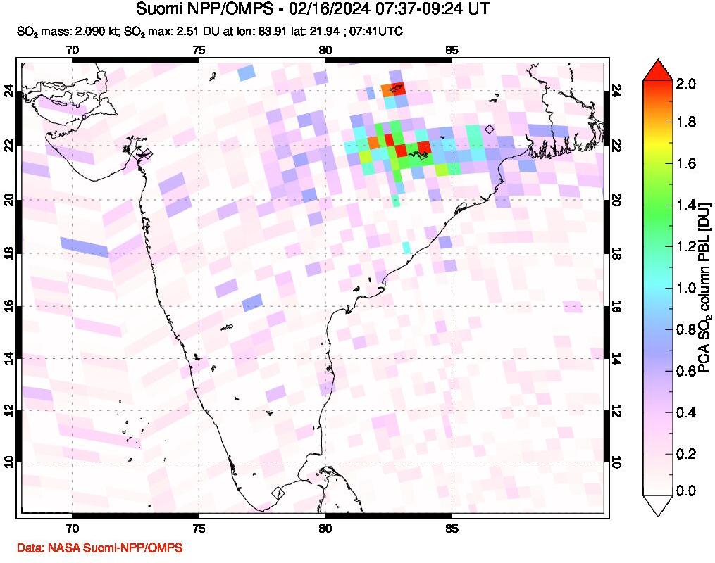 A sulfur dioxide image over India on Feb 16, 2024.