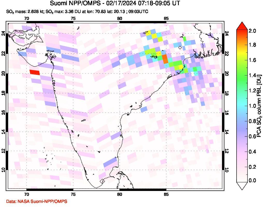 A sulfur dioxide image over India on Feb 17, 2024.