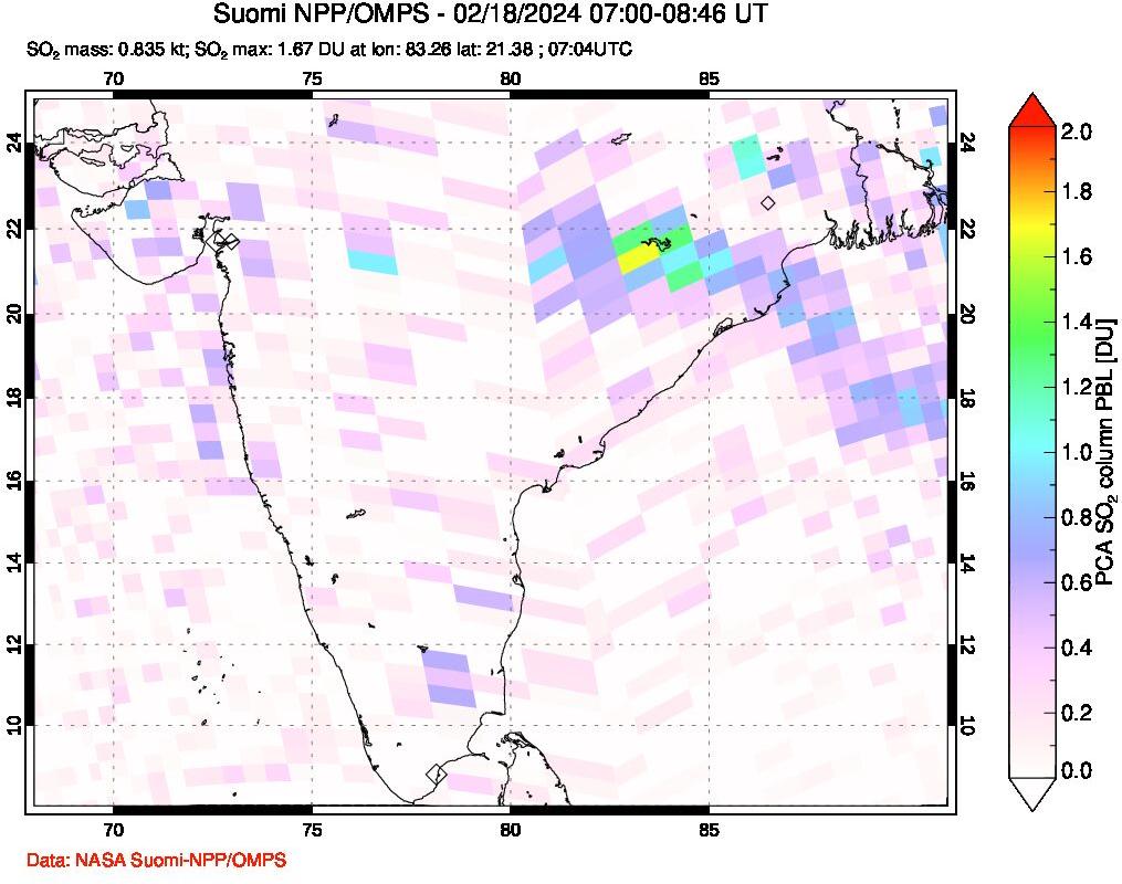 A sulfur dioxide image over India on Feb 18, 2024.