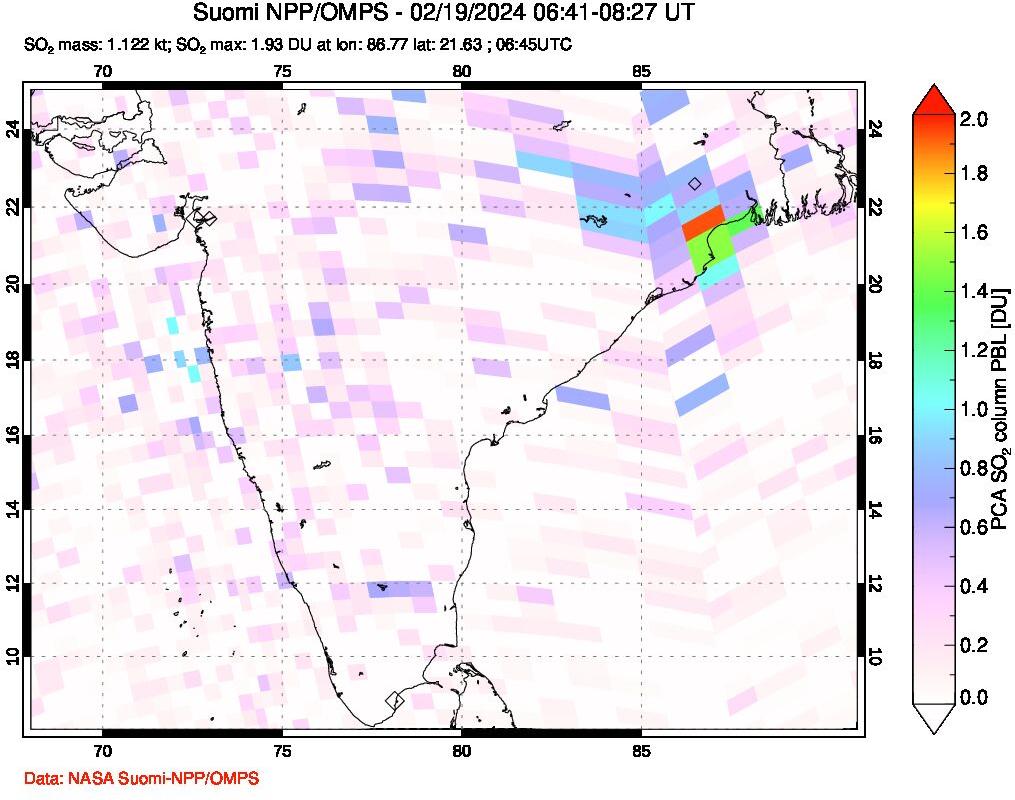 A sulfur dioxide image over India on Feb 19, 2024.