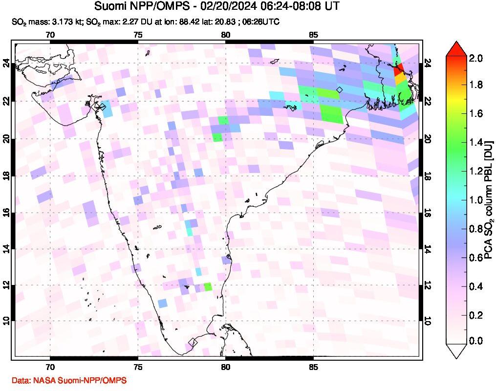 A sulfur dioxide image over India on Feb 20, 2024.