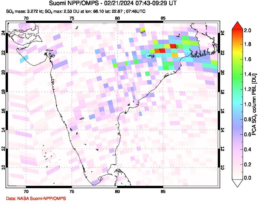 A sulfur dioxide image over India on Feb 21, 2024.