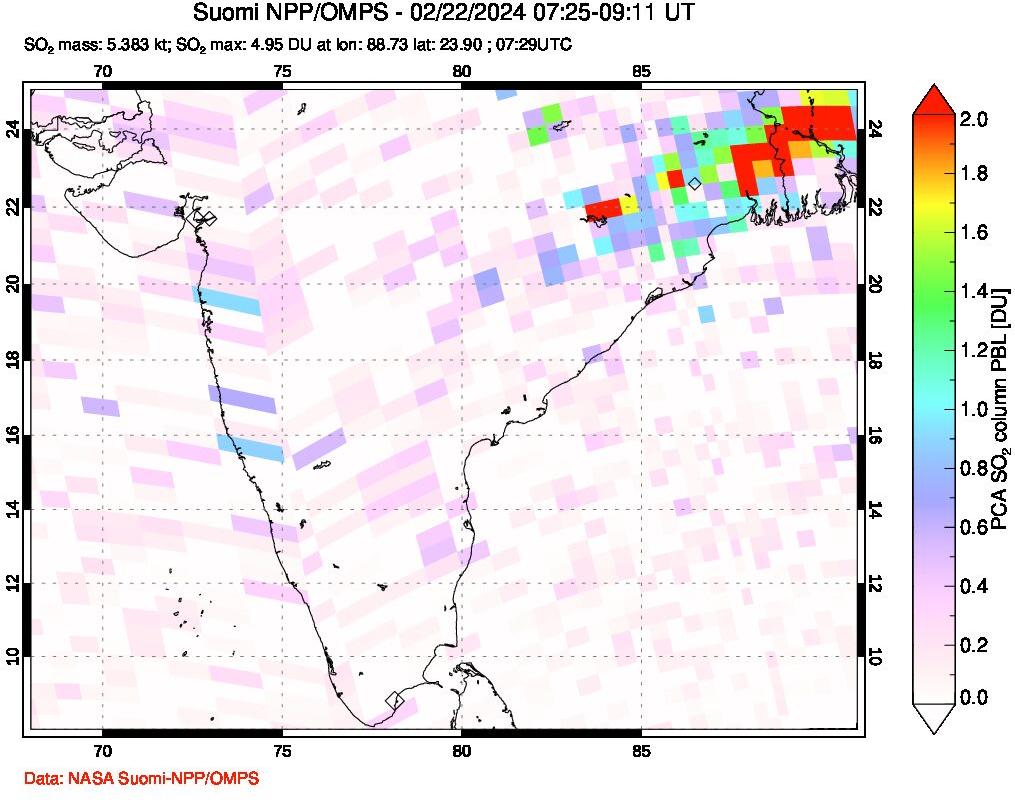 A sulfur dioxide image over India on Feb 22, 2024.