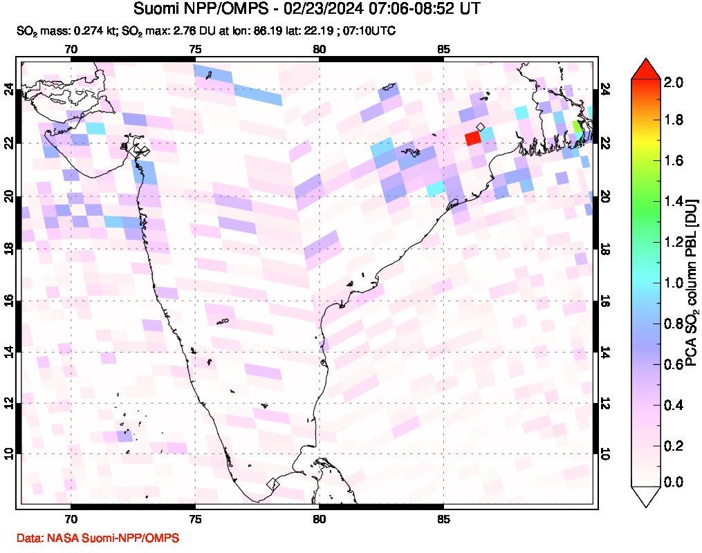 A sulfur dioxide image over India on Feb 23, 2024.