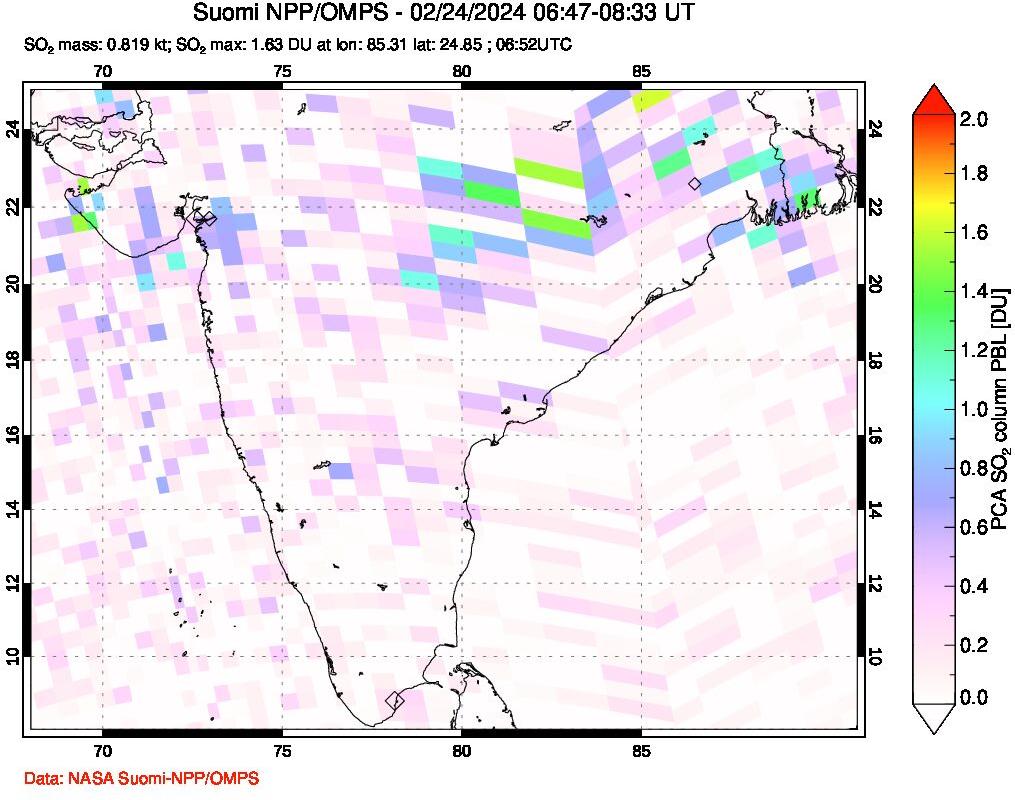 A sulfur dioxide image over India on Feb 24, 2024.