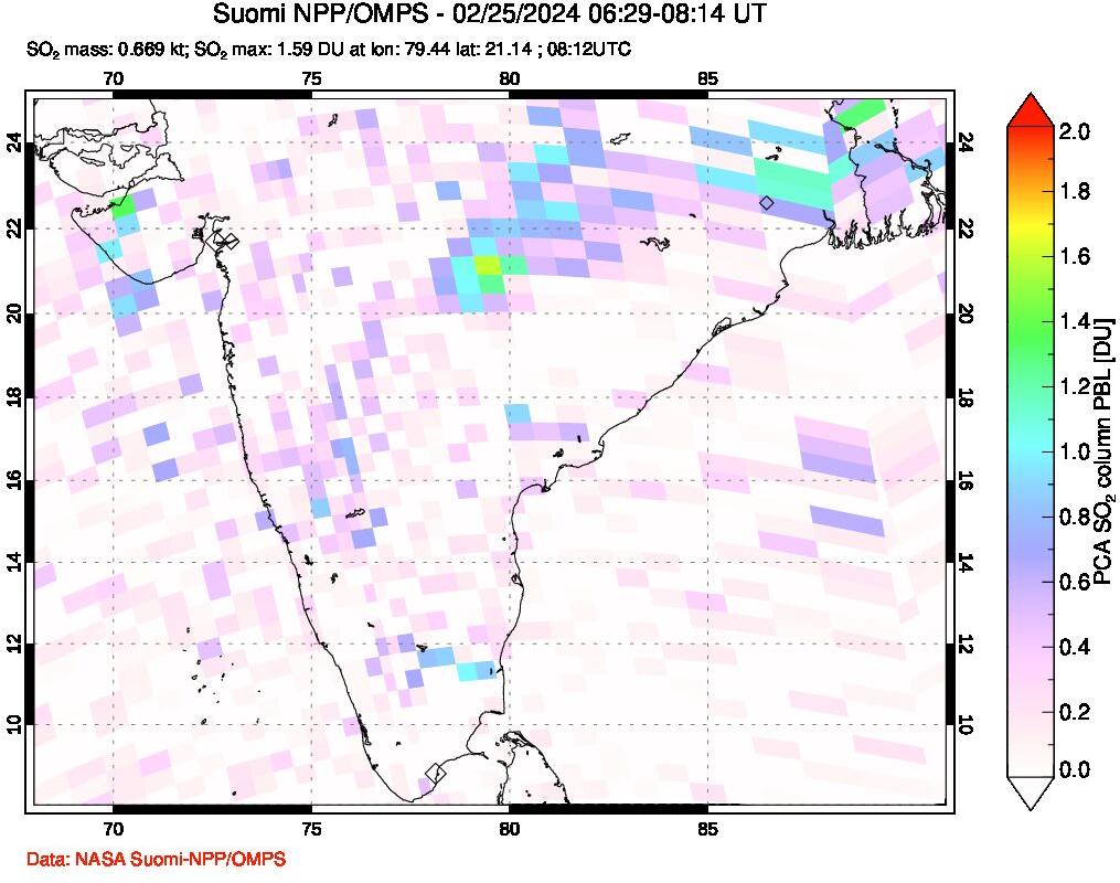 A sulfur dioxide image over India on Feb 25, 2024.