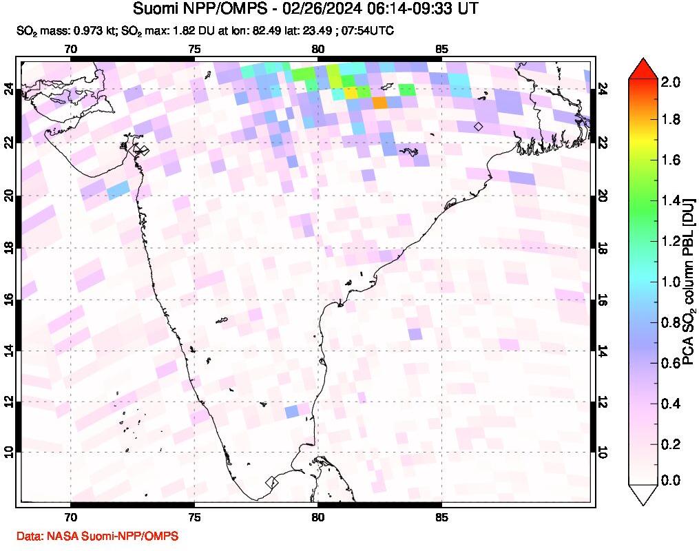 A sulfur dioxide image over India on Feb 26, 2024.