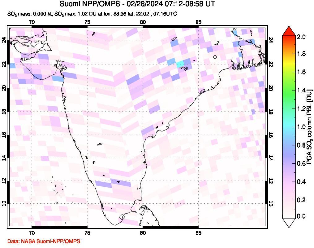 A sulfur dioxide image over India on Feb 28, 2024.