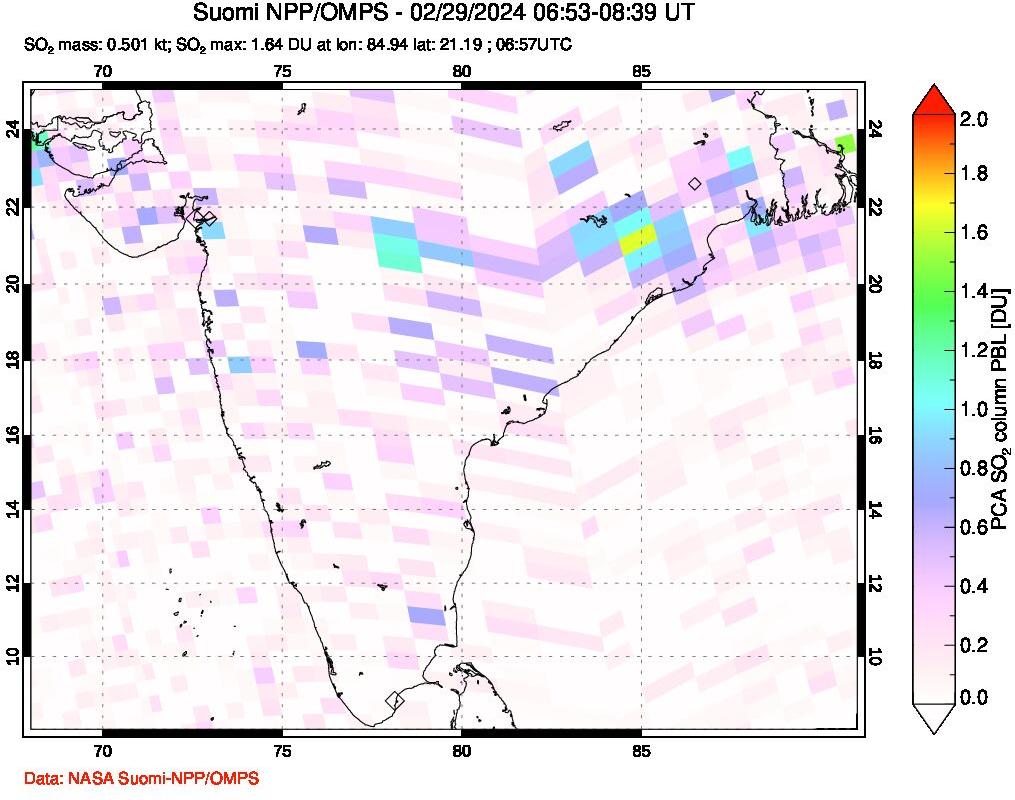 A sulfur dioxide image over India on Feb 29, 2024.