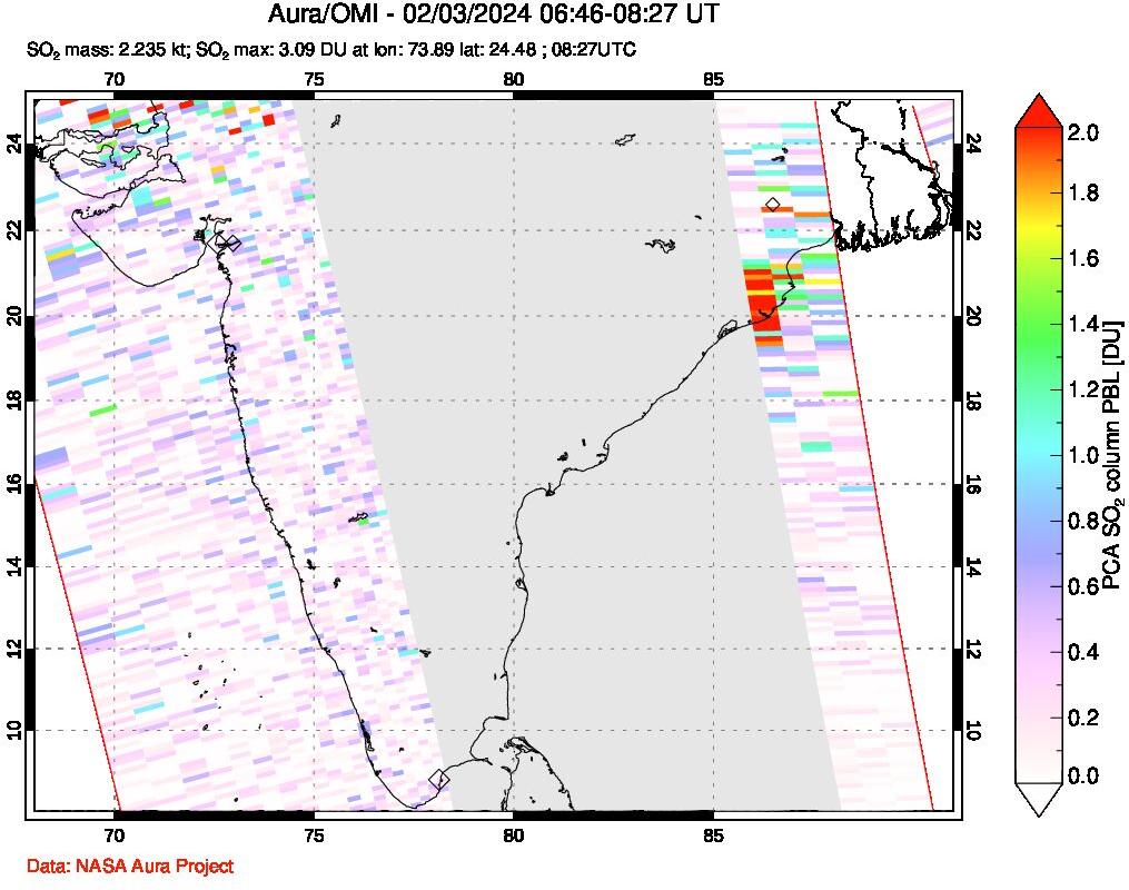 A sulfur dioxide image over India on Feb 03, 2024.