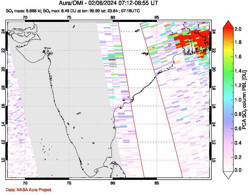 A sulfur dioxide image over India on Feb 06, 2024.