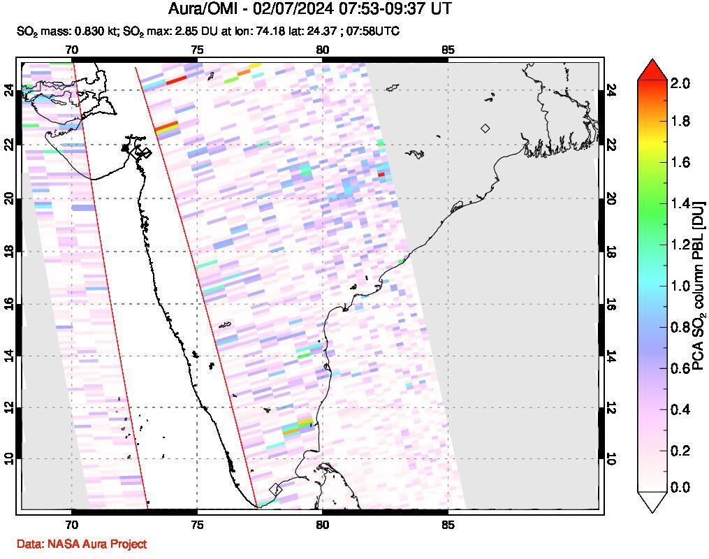 A sulfur dioxide image over India on Feb 07, 2024.