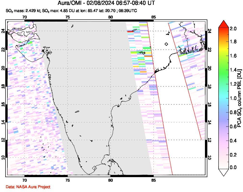 A sulfur dioxide image over India on Feb 08, 2024.