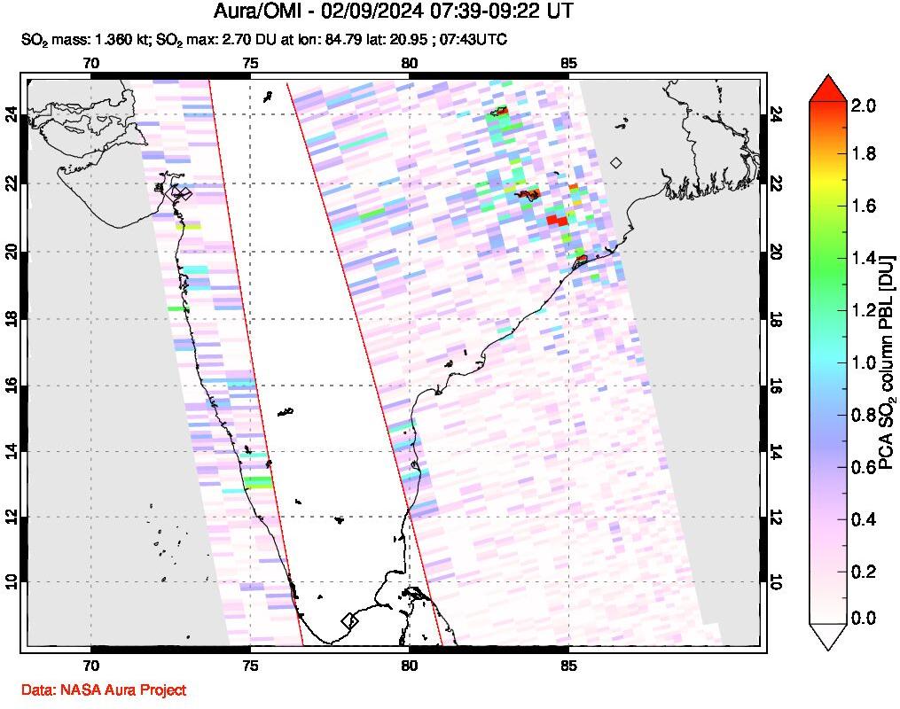 A sulfur dioxide image over India on Feb 09, 2024.