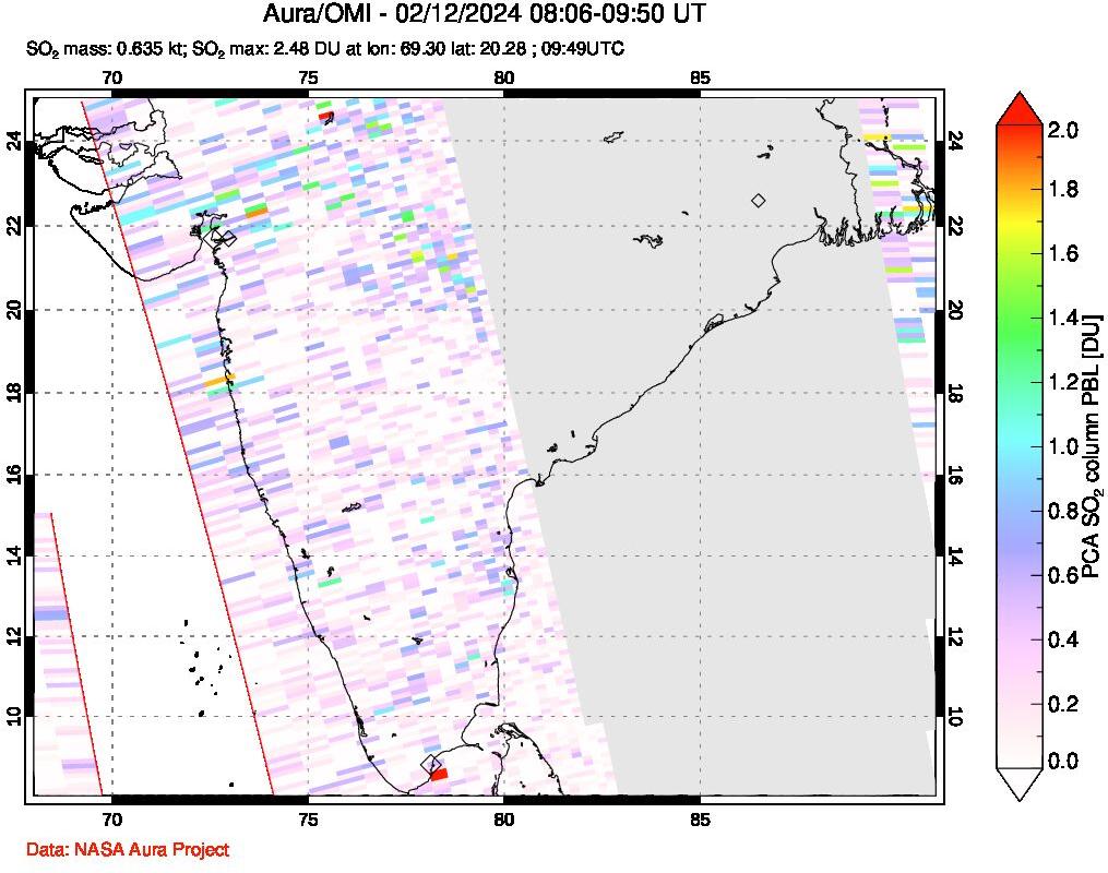 A sulfur dioxide image over India on Feb 12, 2024.