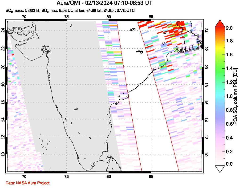 A sulfur dioxide image over India on Feb 13, 2024.