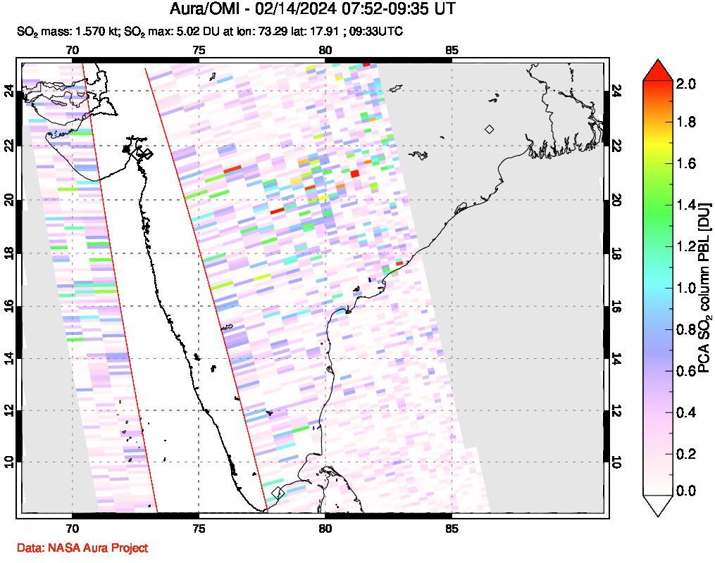 A sulfur dioxide image over India on Feb 14, 2024.