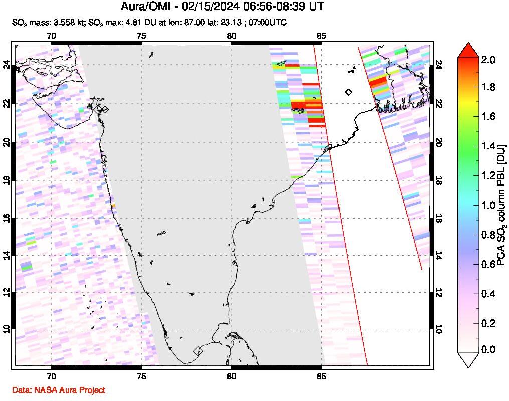 A sulfur dioxide image over India on Feb 15, 2024.
