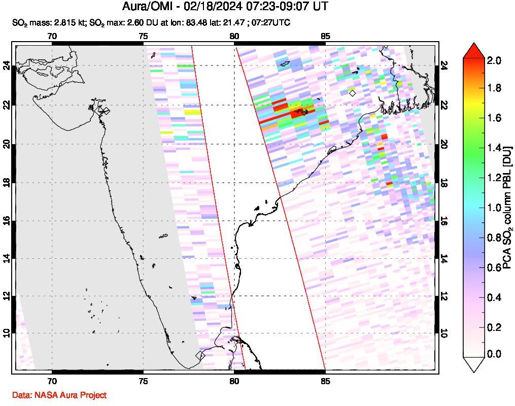 A sulfur dioxide image over India on Feb 18, 2024.