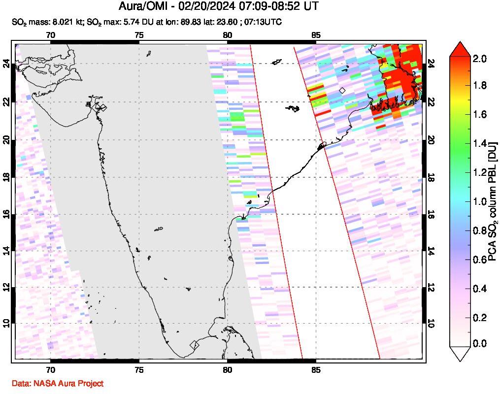 A sulfur dioxide image over India on Feb 20, 2024.