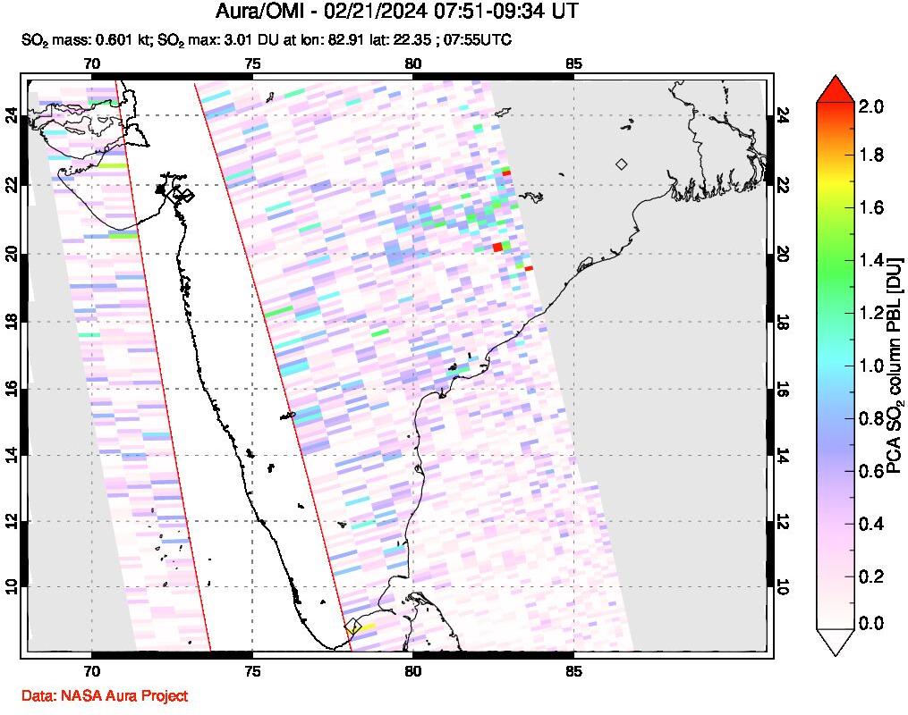 A sulfur dioxide image over India on Feb 21, 2024.