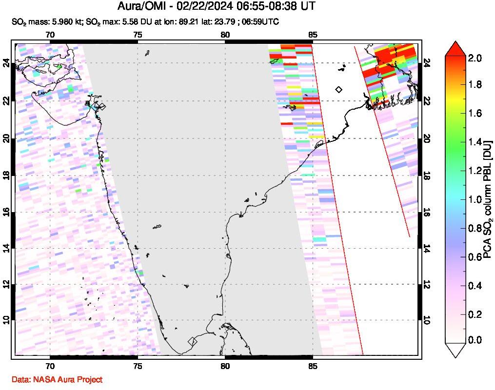A sulfur dioxide image over India on Feb 22, 2024.