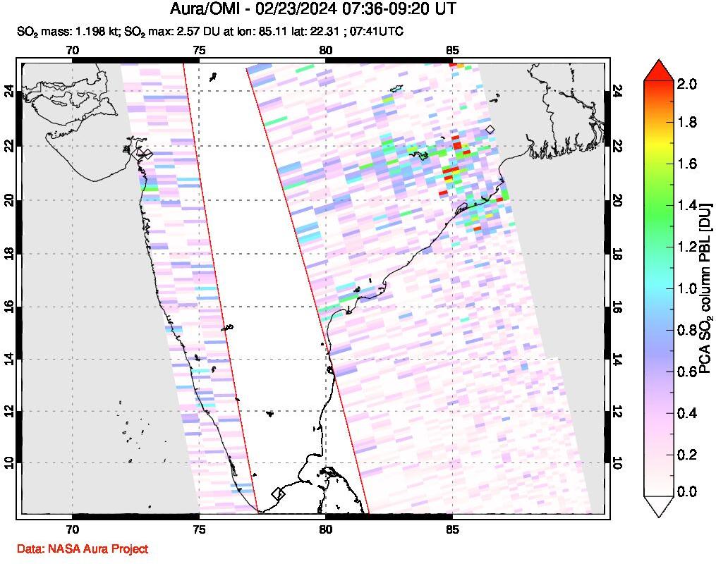 A sulfur dioxide image over India on Feb 23, 2024.