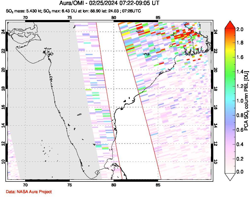 A sulfur dioxide image over India on Feb 25, 2024.