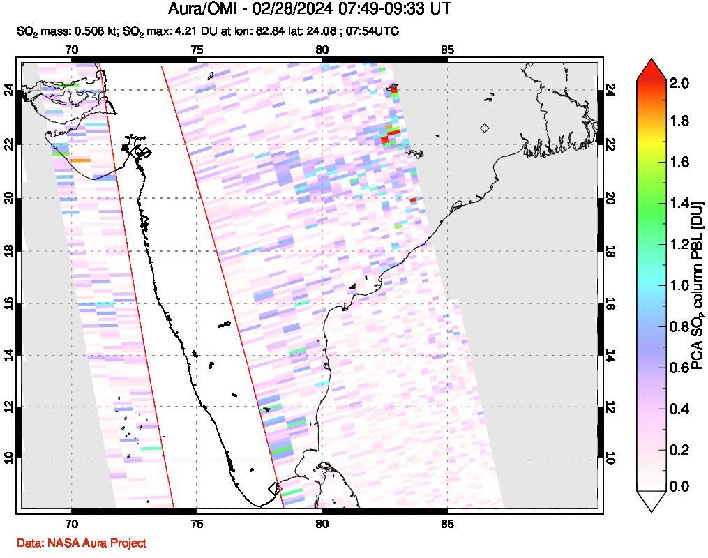 A sulfur dioxide image over India on Feb 28, 2024.