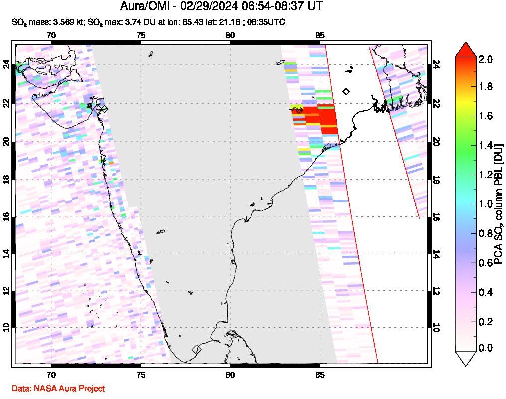A sulfur dioxide image over India on Feb 29, 2024.