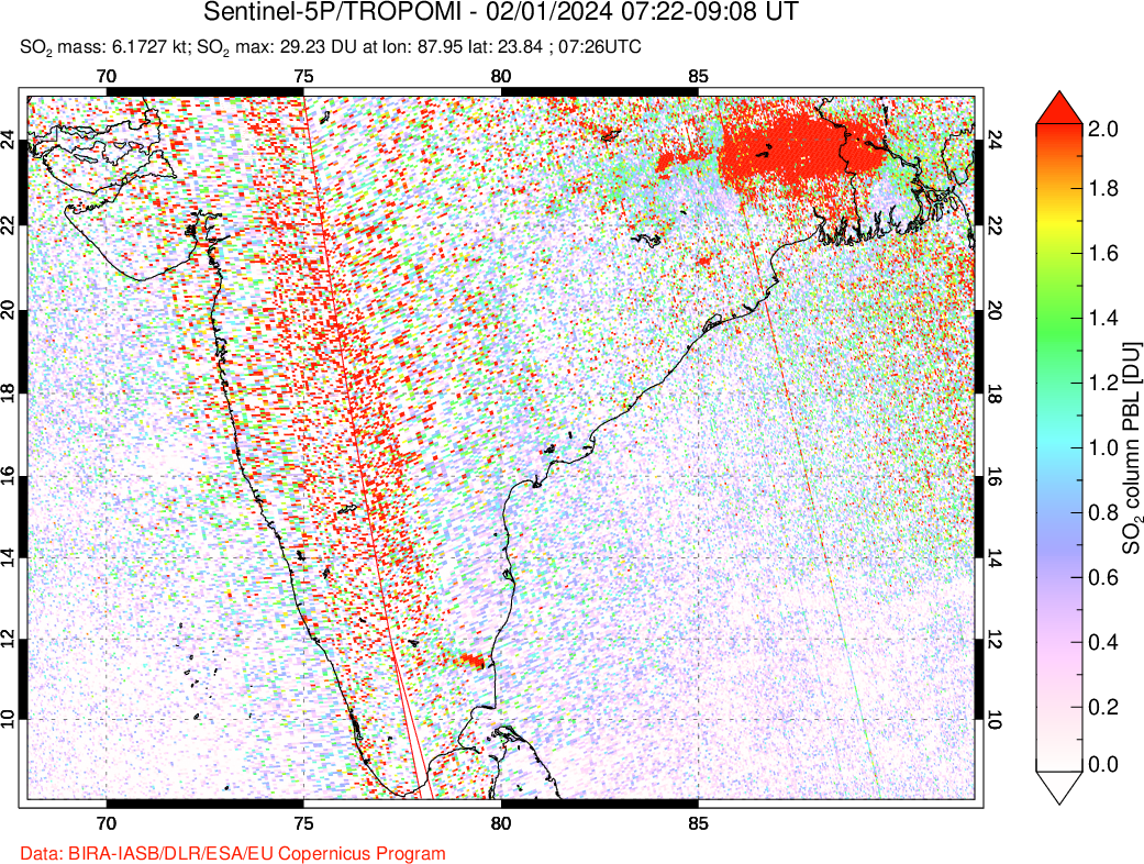 A sulfur dioxide image over India on Feb 01, 2024.