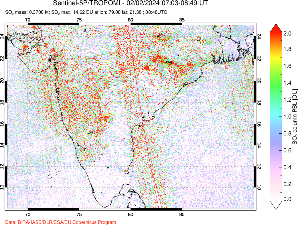 A sulfur dioxide image over India on Feb 02, 2024.