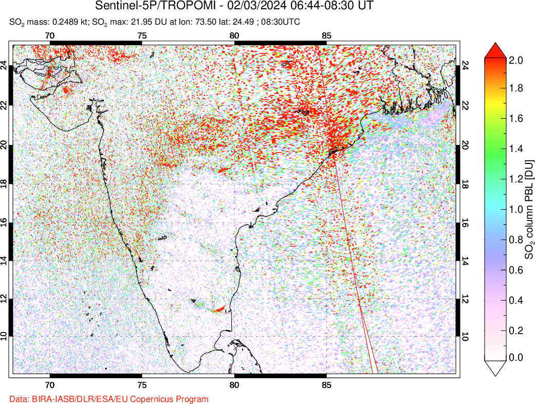 A sulfur dioxide image over India on Feb 03, 2024.